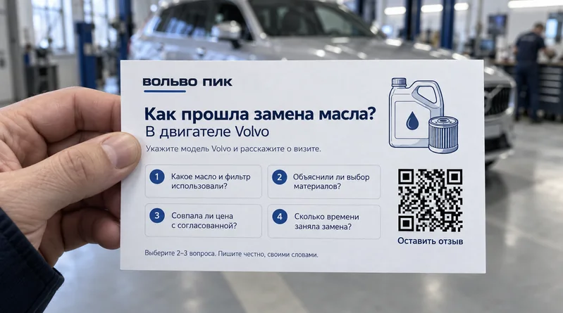 Автосервис — пример визитки: Замена масла, вопросы о впечатлениях клиента