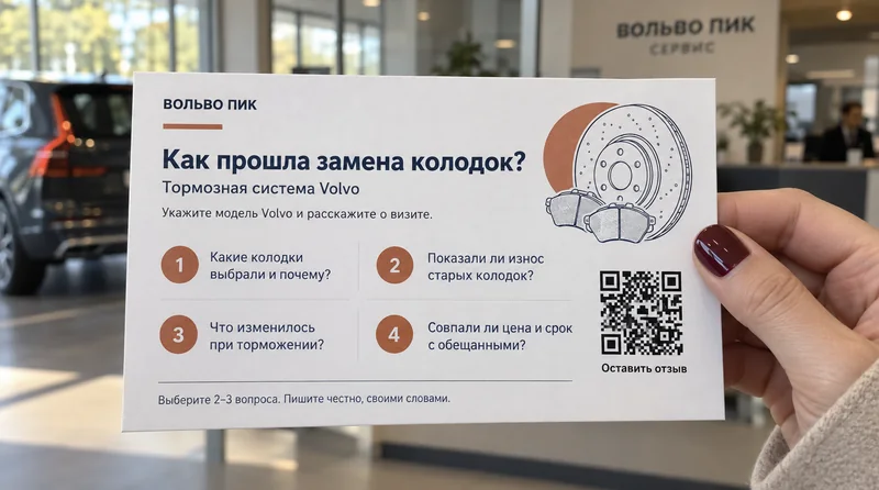 Автосервис — пример визитки: Замена колодок, вопросы о впечатлениях клиента