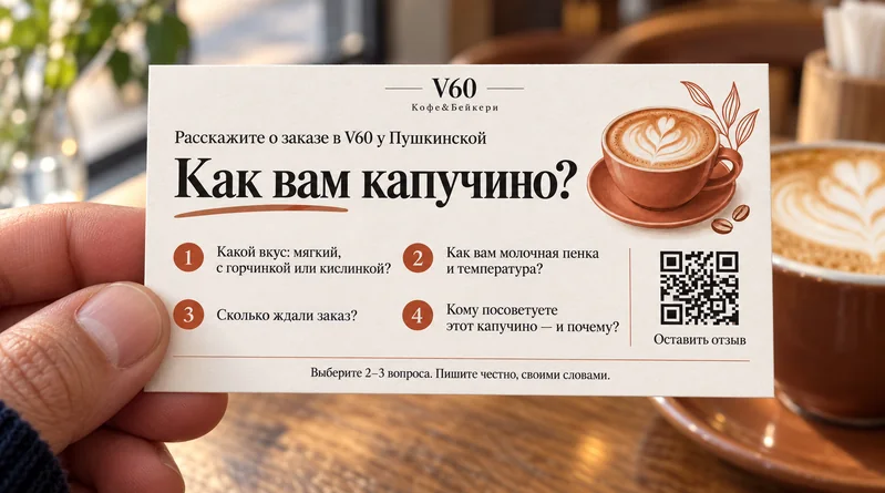 Визитка с вопросами о капучино в кофейне