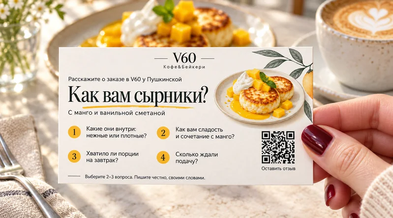 Кофейня — пример визитки: Сырники с манго, вопросы о впечатлениях клиента