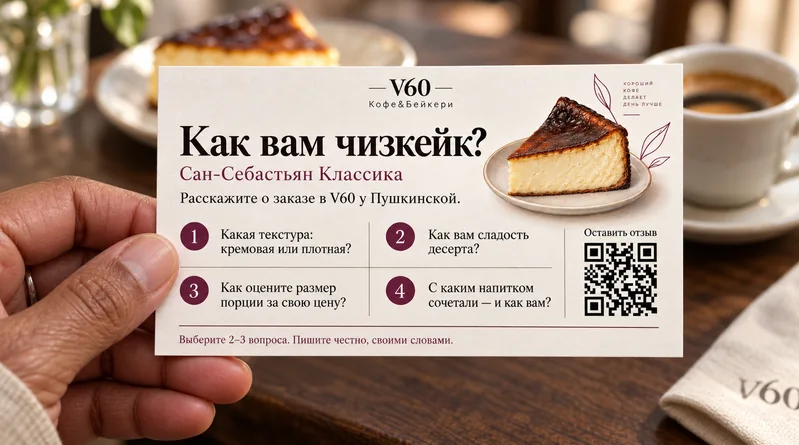 Кофейня — пример визитки: Чизкейк Сан-Себастьян, вопросы о впечатлениях клиента