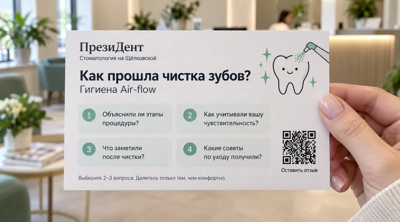Стоматология — пример визитки: Чистка зубов · Air-flow, вопросы о впечатлениях клиента