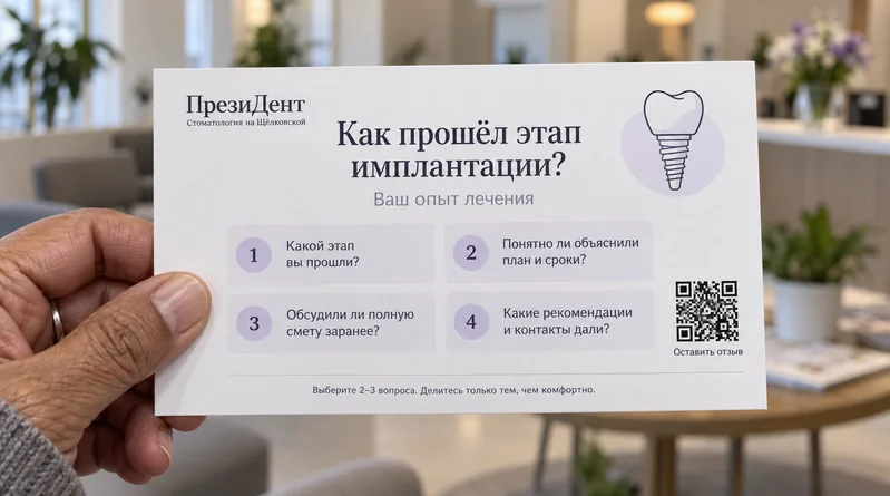 Стоматология — пример визитки: Этап имплантации, вопросы о впечатлениях клиента