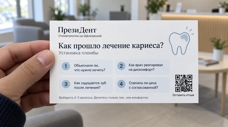 Стоматология — пример визитки: Лечение кариеса, вопросы о впечатлениях клиента